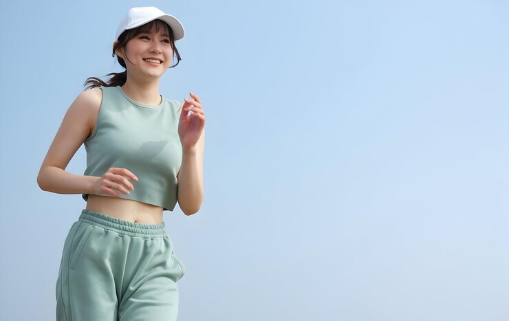 Active Woman Jogging for Fitness and Health on Plain Background
