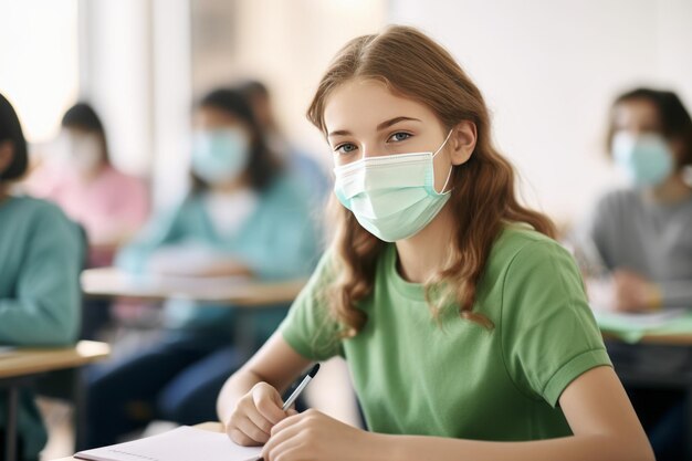 Adattarsi alla nuova normalità Gli studenti delle scuole superiori navigano con le maschere in classe in mezzo al Covid-19