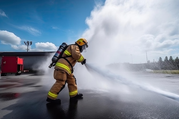 Addestramento del vigile del fuoco in caso di incendio utilizzando manichetta antincendio acqua chimica spray motore grande fuoco sfondo