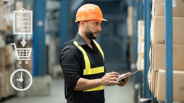 Addetto al magazzino che lavora in magazzino controllo delle scorte di magazzino controllo delle scorte di produzione Controllo e gestione del magazzino aziendale fabbrica industria logistica magazzino persone