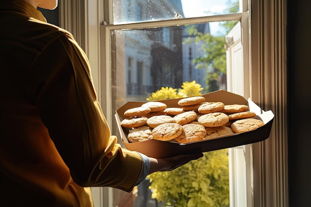 Addetto alle consegne che porta un piatto di biscotti caldi al davanzale soleggiato