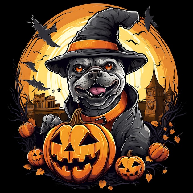 Adesivo con logo maglietta di Halloween con zucca fischio Bulldog strega luna pipistrello scopa