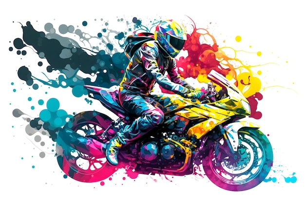 Adesivo di Biker su moto sportiva in stile acquerello su sfondo bianco Arte generata dalla rete neurale