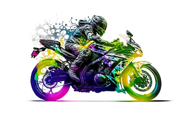 Adesivo di Biker su moto sportiva in stile acquerello su sfondo bianco Arte generata dalla rete neurale