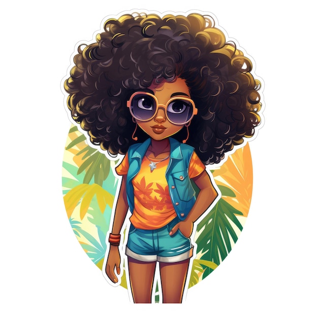 Adesivo di una ragazza afro carina in abiti estivi urbani isolati su sfondo bianco