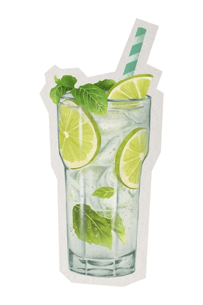 adesivo per cocktail mojito PNG con borda bianca illustrazione di bevande sullo sfondo trasparente