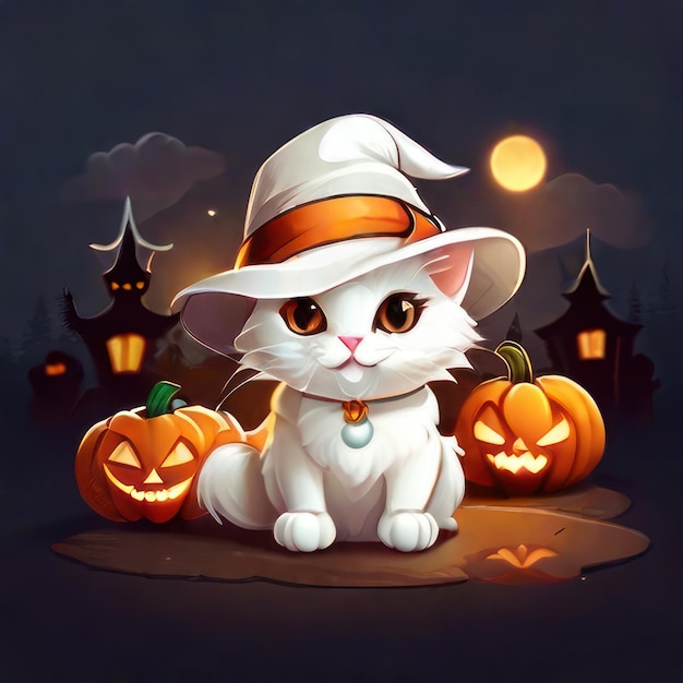 Adesivo perfetto per Halloween con gatto carino e zucche