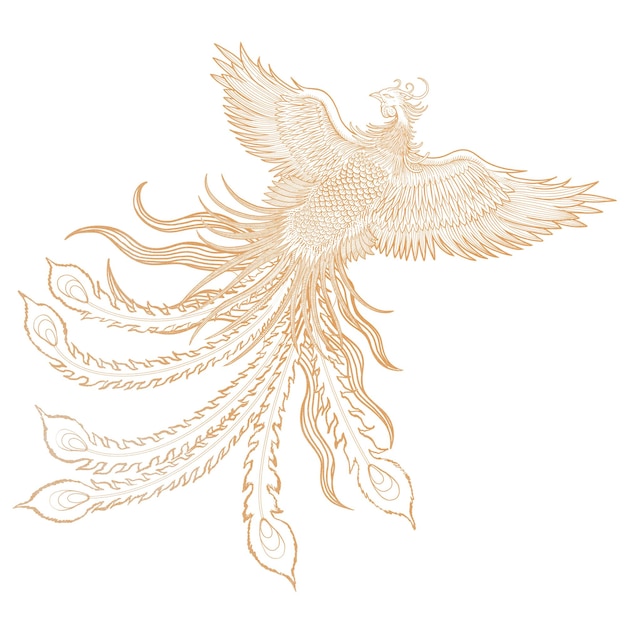 Adesivo png dell'uccello fenice dorato illustrazione di creature mitiche cinesi sfondo trasparente
