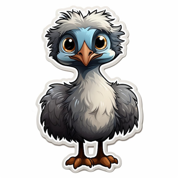 Adesivo simpatico cartone animato Emu Uccello piumato con grandi occhi
