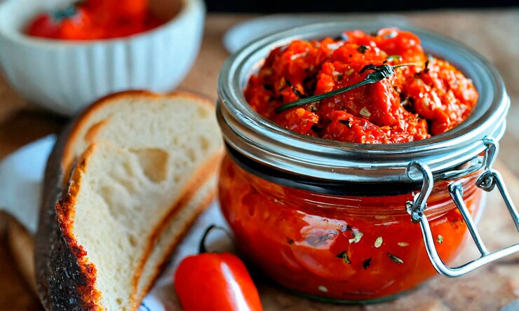 Foto adjika con peperoncino sul tavolo focalizzazione selettiva