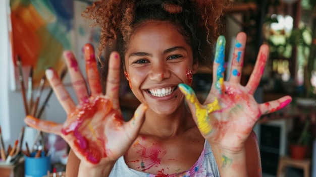 Adolescente afroamericana con vernice colorata sulle mani Concetto di idee cool per attività di fine settimana