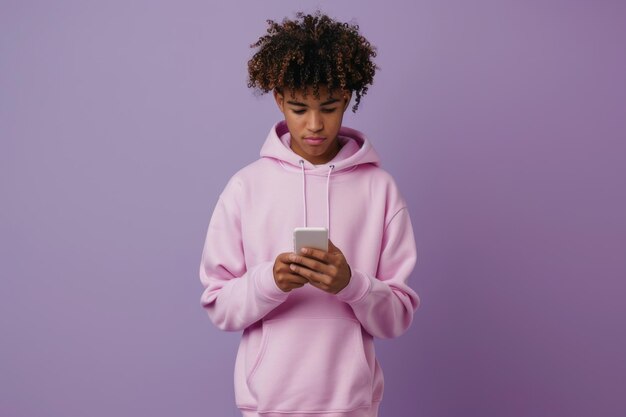 Adolescente afroamericano felice che usa il cellulare con la felpa rosa