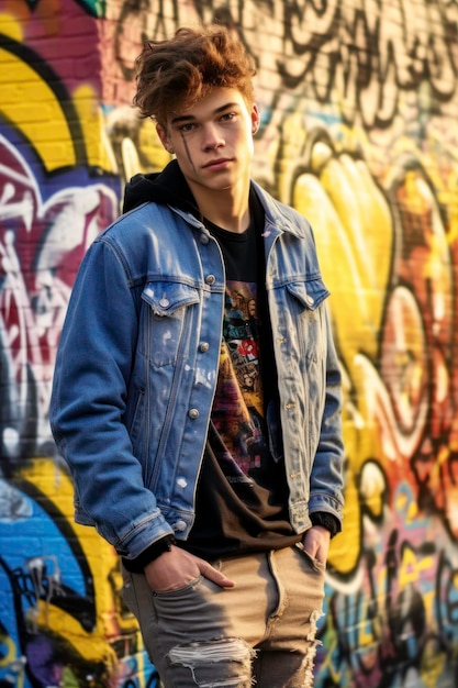 Adolescente alla moda e alla moda in giacca di jeans e jeans in piedi davanti al muro dei graffiti