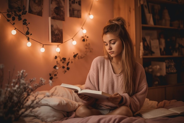 Adolescente caucasica femminile che legge libri nel soggiorno casual rilassante Generative AI AIG23