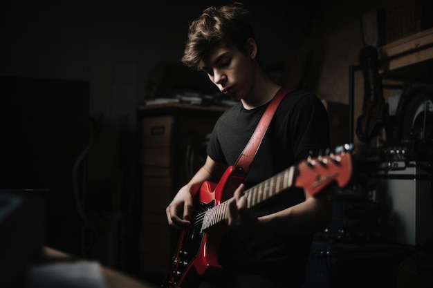 Adolescente caucasico maschio che suona la chitarra nella musica di attività del garage Generative AI AIG23