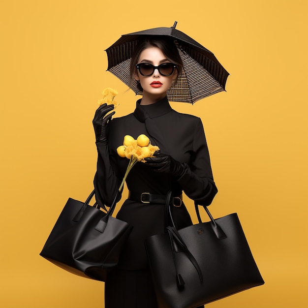 Adolescente caucasico su sfondo giallo elegante giovane donna con le borse della spesa nelle mani