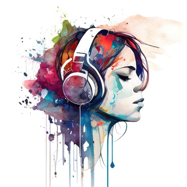 Adolescente che ascolta musica in cuffia in stile acquerello colorato di Generative Ai