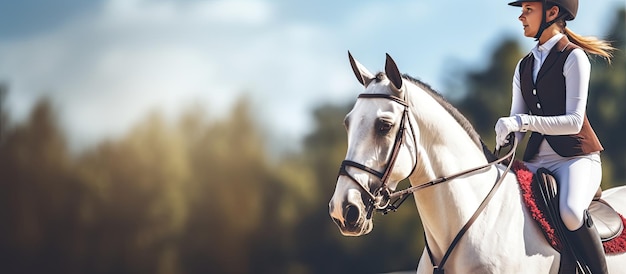 Adolescente che partecipa alla prova avanzata di dressage a cavallo