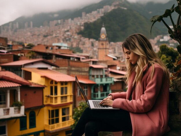 Adolescente colombiano che lavora su un portatile in un ambiente urbano vibrante