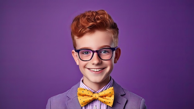 Adolescente con occhiali capelli rossi e cravatte su sfondo viola
