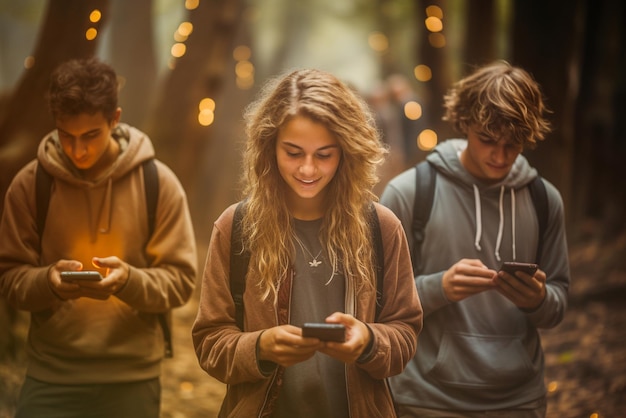 Adolescente con smartphone per strada dipendenza dai media sociali che utilizzano chat e adolescenti del cyberspazio