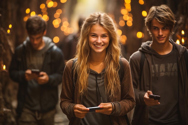 Adolescente con smartphone per strada dipendenza dai social media usando chat e cyberspace adolescenti