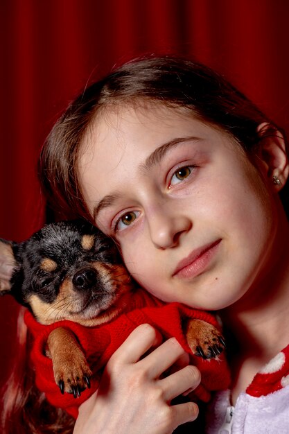 Adolescente e un chihuahua vestito con un maglione rosso per cani a casa su uno sfondo rosso.