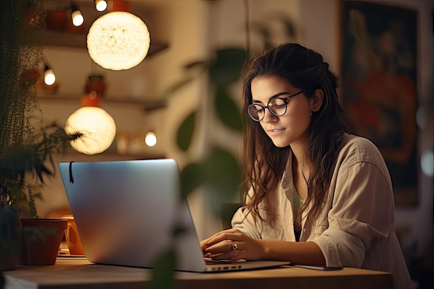 Adolescente esperto di tecnologia Uno sguardo al mondo digitale di un'adolescente che indossa gli occhiali a casa