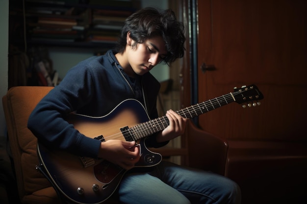 Adolescente ispanico maschio che suona la chitarra nella banda musicale di attività della stanza della musica Generative AI AIG23