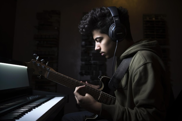 Adolescente maschio del Medio Oriente che suona musica nella stanza della musica audio Generativo AI AIG23