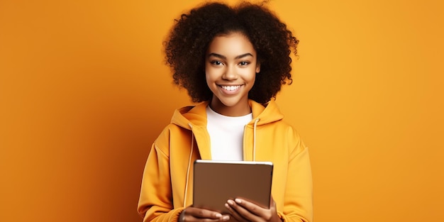 Adolescente sorridente che tiene e utilizza la tavoletta digitale su gialloarancio nello zaino