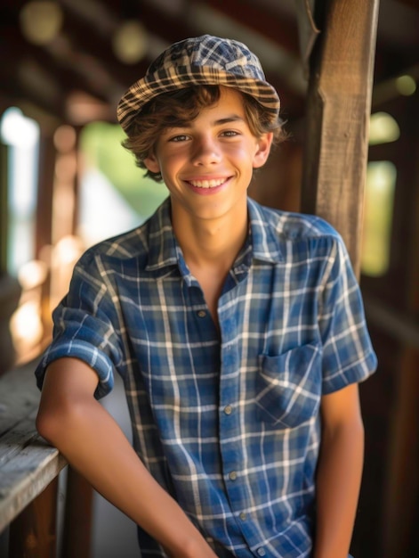 Adolescente sorridente in camicia a quadri e cappello sul portico in legno generato dall'intelligenza artificiale