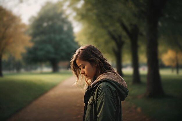 Adolescente triste nel parco da sola con la testa cadente il concetto di salute mentale dei bambini