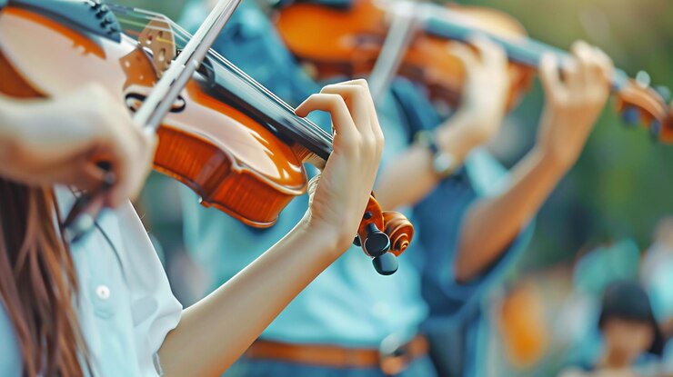 Adolescenti delle scuole superiori che studiano e praticano il violino all'aperto Cultura e ambiente educativo dei club di musica artistica giovanile