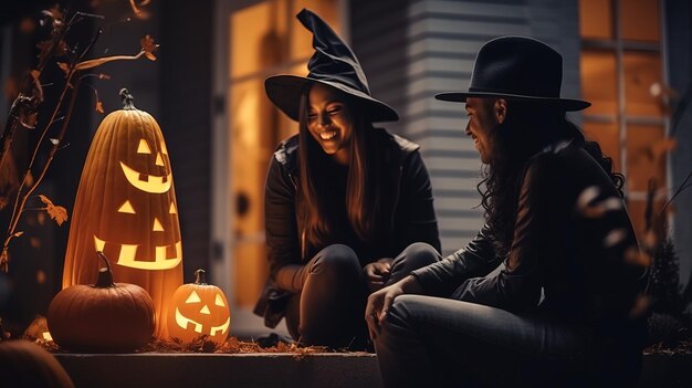 Adolescenti e decorazioni autunnali con zucche per Halloween Generation AI