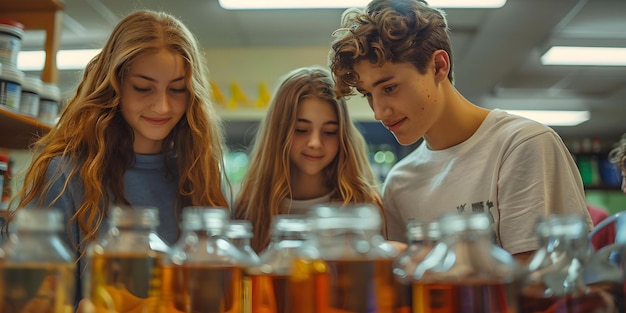 Adolescenti esplorano la produzione di pozioni in classe di scienze del liceo dopo le ore Concept High School Science Classroom Potions Exploration Adolescenti