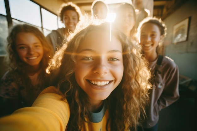 Adolescenti fanno un selfie di gruppo alla luce del tramonto foto di alta qualità