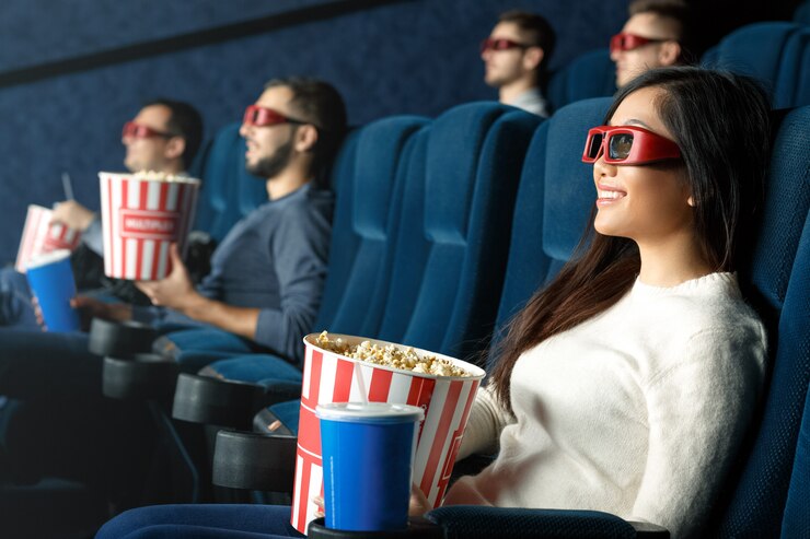 Adora i film in 3d. Giovane donna allegra che ride guardando i film 3d che indossano i vetri