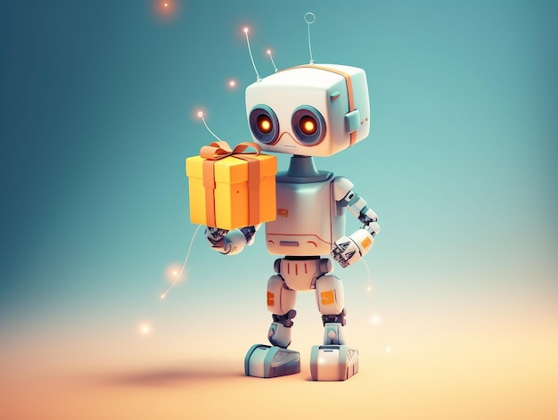 Adorabile baby robot con un regalo di compleanno generato dall'intelligenza artificiale