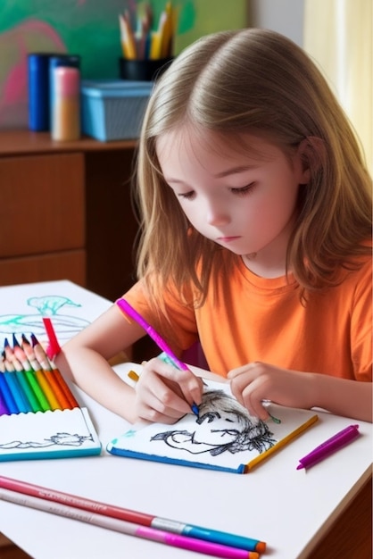 Adorabile bambina che disegna con le matite a casa seduta al tavolo