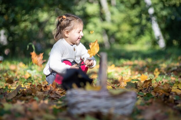 Adorabile bambina seduta e giocando nel parco autunnale e ridendo tra le foglie gialle che cadono