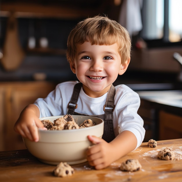Adorabile bambino che mescola l'impasto dei biscotti con un cucchiaio di legno