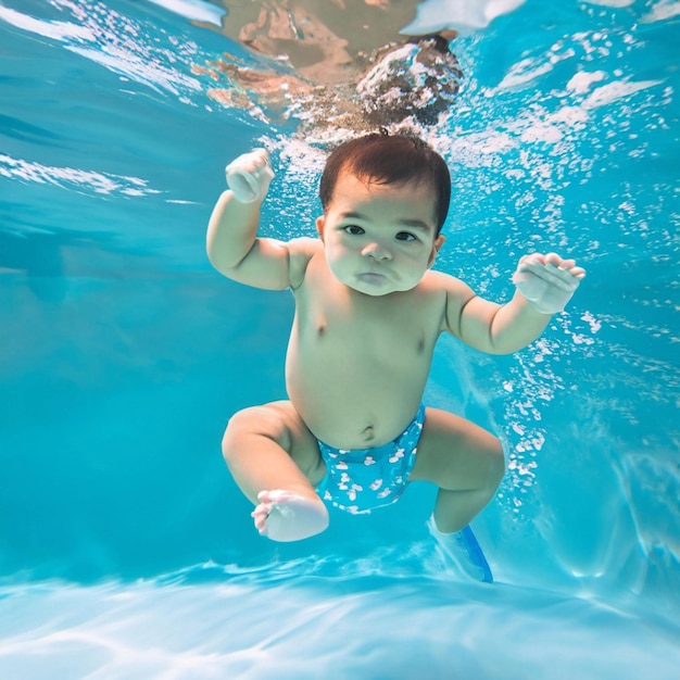 Adorabile bambino che nuota sott'acqua Bambino subacqueo Foto di alta qualità