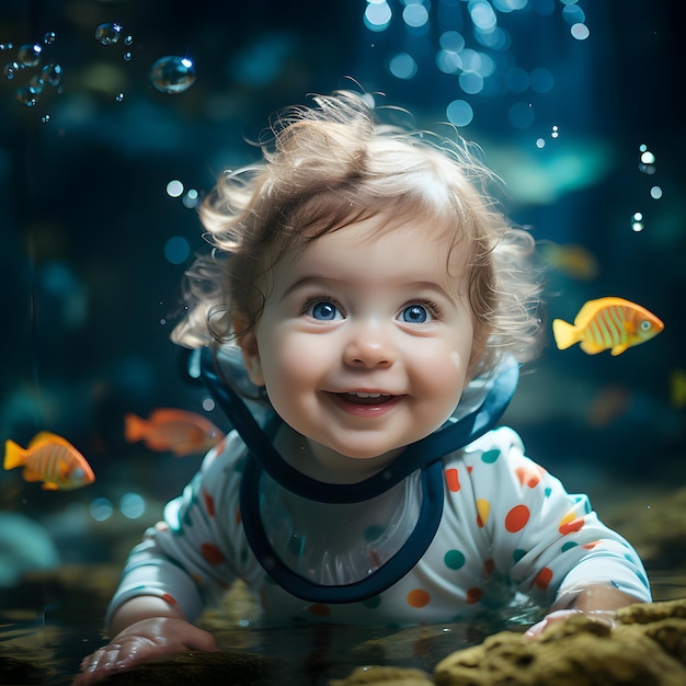 Adorabile bambino che nuota sott'acqua Immersione Giovani che nuotano in acqua