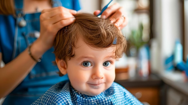 Adorabile bambino che si fa tagliare i capelli da un professionista in un barbiere per bambini con il mantello blu e