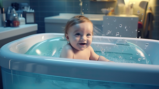 Adorabile bambino che si gode il bagnetto con le bolle in una vasca da bagno Articoli per bambini