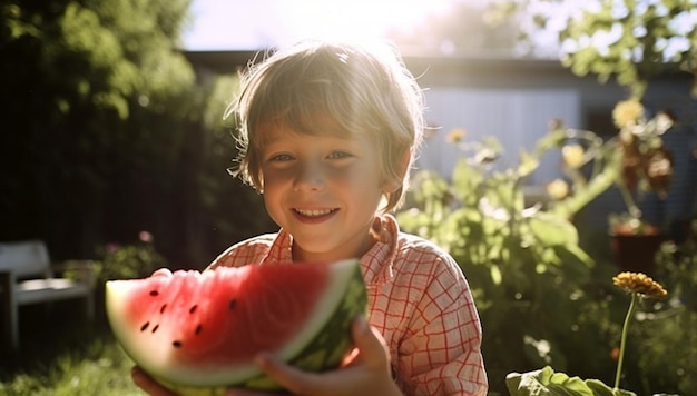 Adorabile bambino con capelli biondi che mangia anguria nel giardino estivo Kid degustazione sano