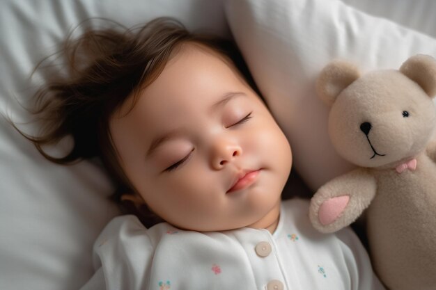 Adorabile bambino dorme profondamente sdraiato su un fianco su un comodo letto bianco