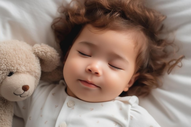 Adorabile bambino dorme profondamente sdraiato su un fianco su un comodo letto bianco