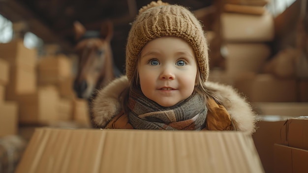 Adorabile bambino in accogliente abbigliamento invernale che sbircia da una scatola di cartone scena interna rinfrescante che cattura l'innocente giocosità fotografia casual di stile di vita AI